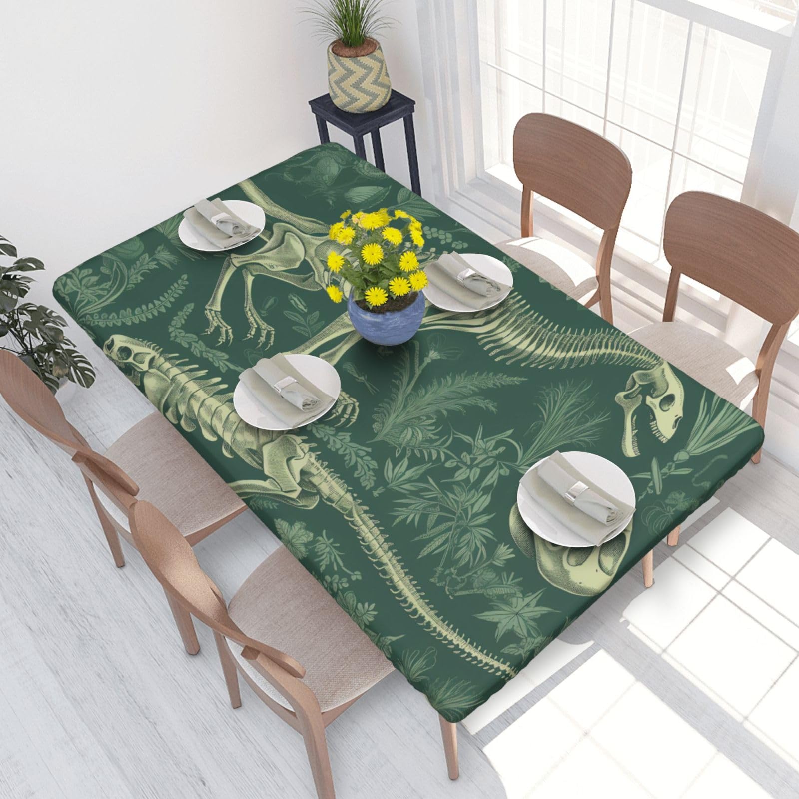 Dinosaur Skeleton Waterproof Square Table Cover Elastic Fitted Tablecloth Oil Proof Table Protector For 4ft Table