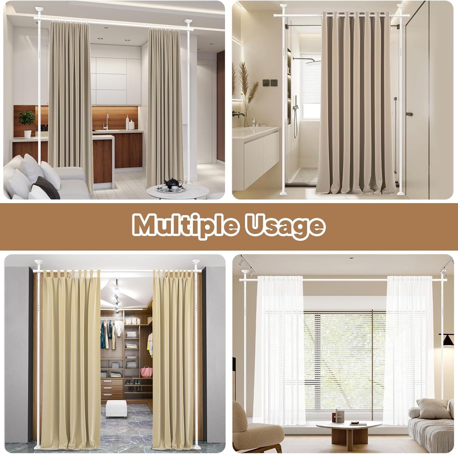 separè per interni, Regolabile asta per tende da pavimento, Separe Divisorio Interno, 122-305 cm * 71-180 cm, Bastoni per tende divisori senza tenda, per soggiorno e camera da letto- Bianco