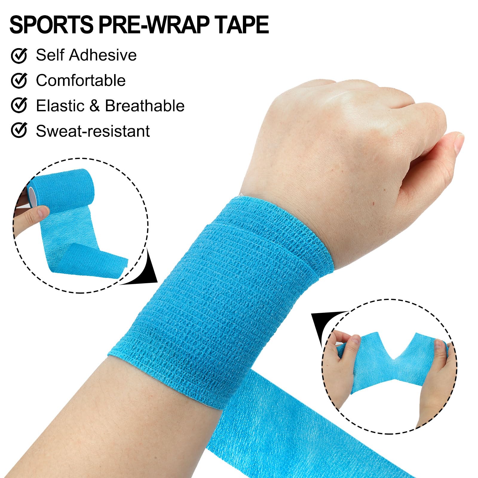 QUARKZMAN Benda Autoadesiva Avvolgibile 3 Pollici x 5 Iarde Bende Coesive Non Tessute Nastro Traspirante Elastico Nastro Sport Atletico per Caviglie Polsi Mani Ginocchia Azzurro 12 Rotoli
