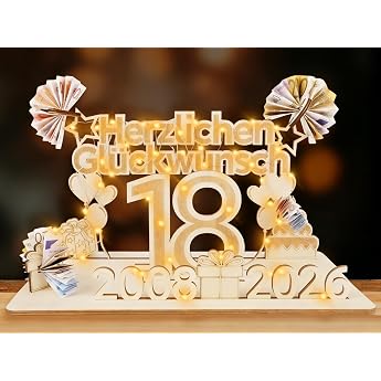 18 Money Gifts Birthday Girls & Boys 2026 Wooden Sign Guest Book with LED Fairy Lights Personalised Gifts for 18th Birthday Numbers Birthday Decoration Congratulations