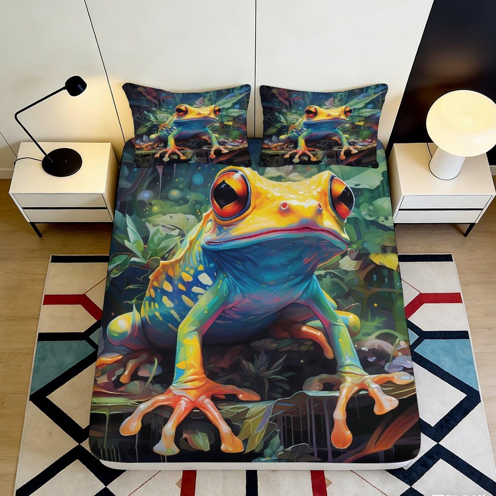 3D Printed Colorful Frog Fitted Sheet Microfiber Soft Anti-Slip Rainforest Bed Cover for Bedroom Dorm Mattress Decor 200x200x25cm