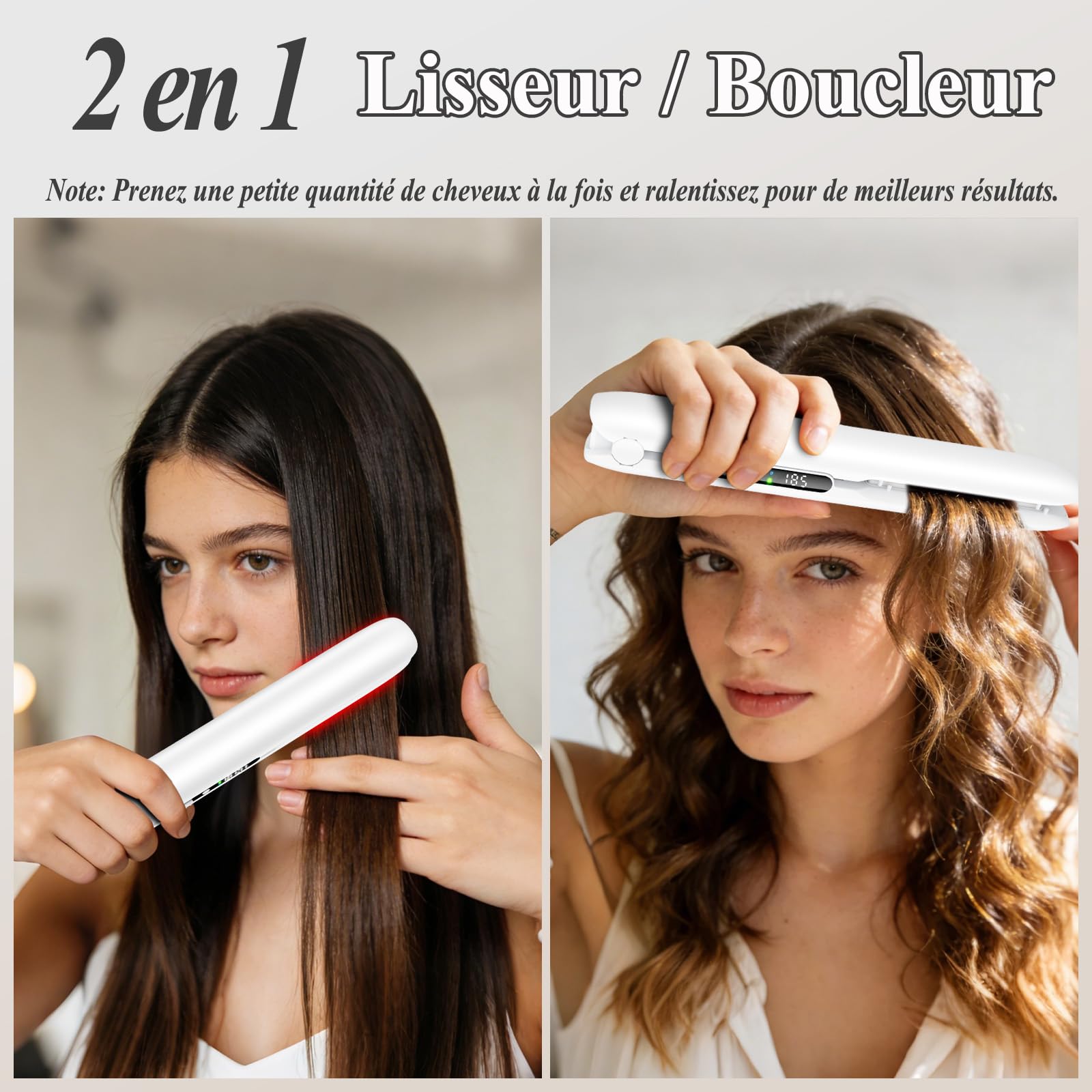 Lisseur Sans Fil, Lisseur Boucleur Cheveux 2 en 1, Mini Lisseur de Voyage sans Fil Rechargeable USB, Lisser Portable Utilisable Pendant la Charge, 3 Niveaux de Température, Affichage LCD