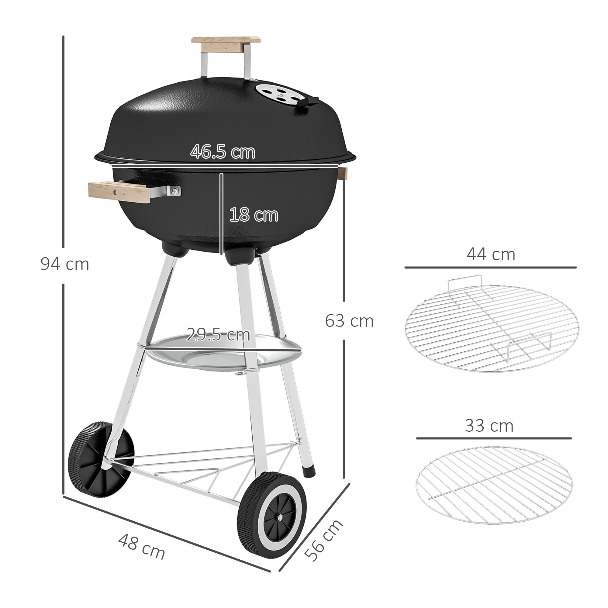 Outsunny Barbecue a Carbonella con Griglia in Metallo, Barbecue da Giardino con Coperchio, Prese d'Aria, Ruote, Raccogli Cenere, Ripiano e Maniglia in Legno, 48x56x94 cm, Nero
