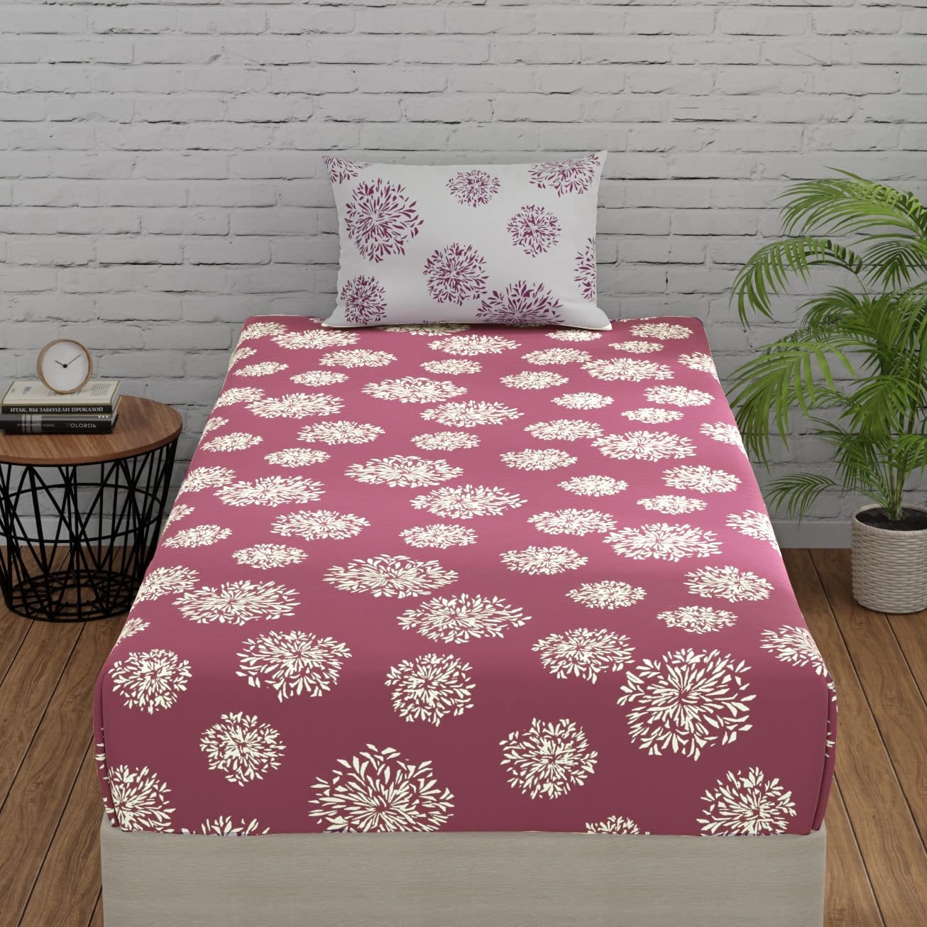 Huesland by Ahmedabad Cotton 144 TC Elastic Bedsheet Single Bed with 1 Pillow Cover | 36x78 inches | Mauve & White