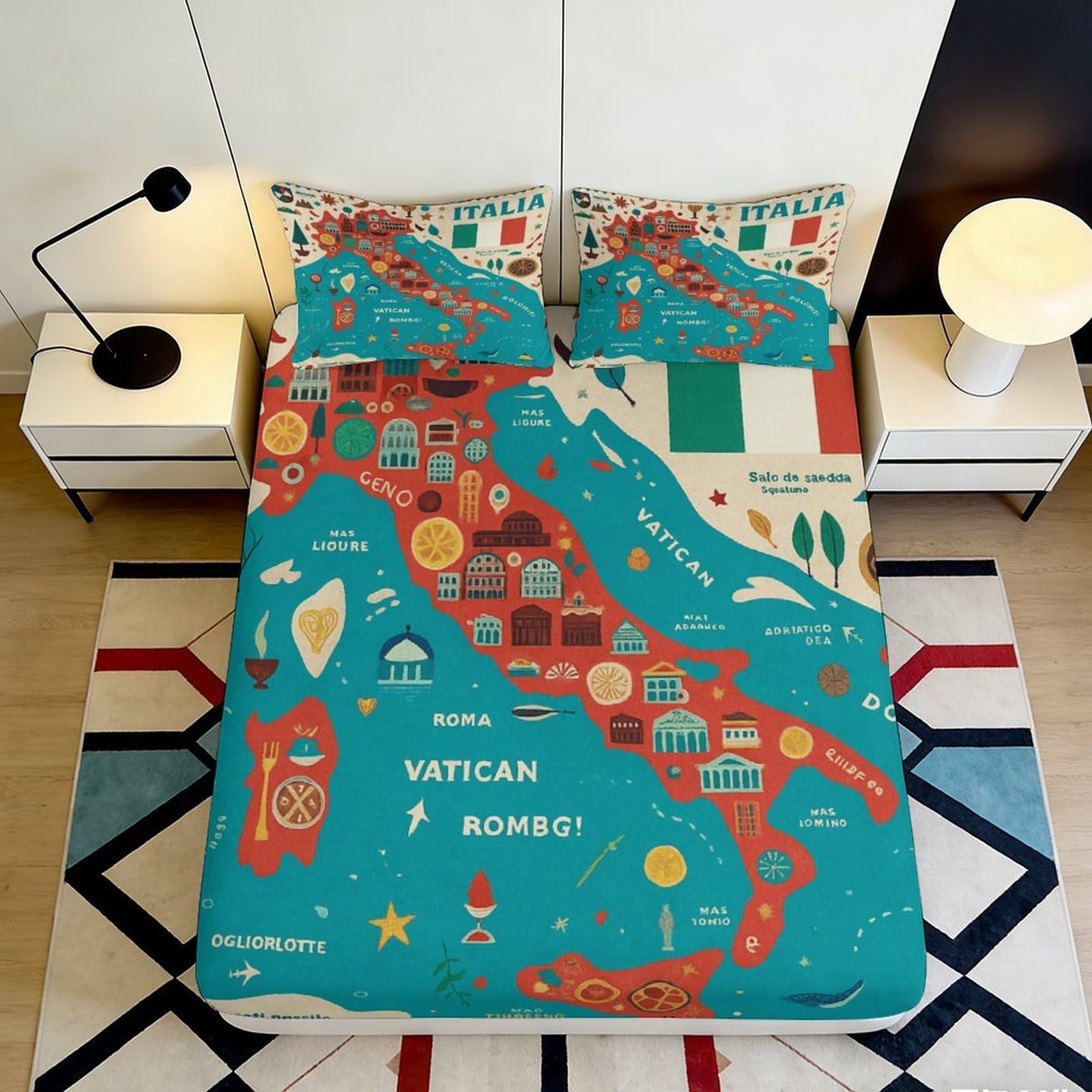 3D Printed Italy Map Fitted Sheet Microfiber Soft Blue Red Landmark Bed Cover for Bedroom Dorm Mattress Decor 90x200x25cm