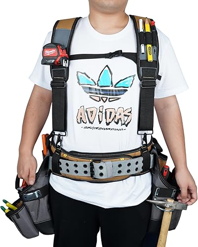 Miniatura 3 de MELOTOUGH Cinturón de herramientas con tirantes, bolsa de herramientas, tirantes, marcos, delantal, peine, cinturón de herramientas de construcción,