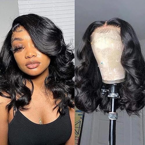 MEIKING 14 Inch Human Hair Wig 13x4 Body Wave Lace Front Wigs Human Hair Pre Plucked HD Frontal Lace Wig 200 Density Glueless Wigs for Women Human Hair Wigs Natural Black Color