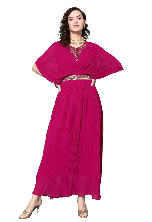 LYMI LABEL Women's Western Gown - Georgette Butterfly Sleeves Long Dress With Belt For Traditional & Indo-Western Wear