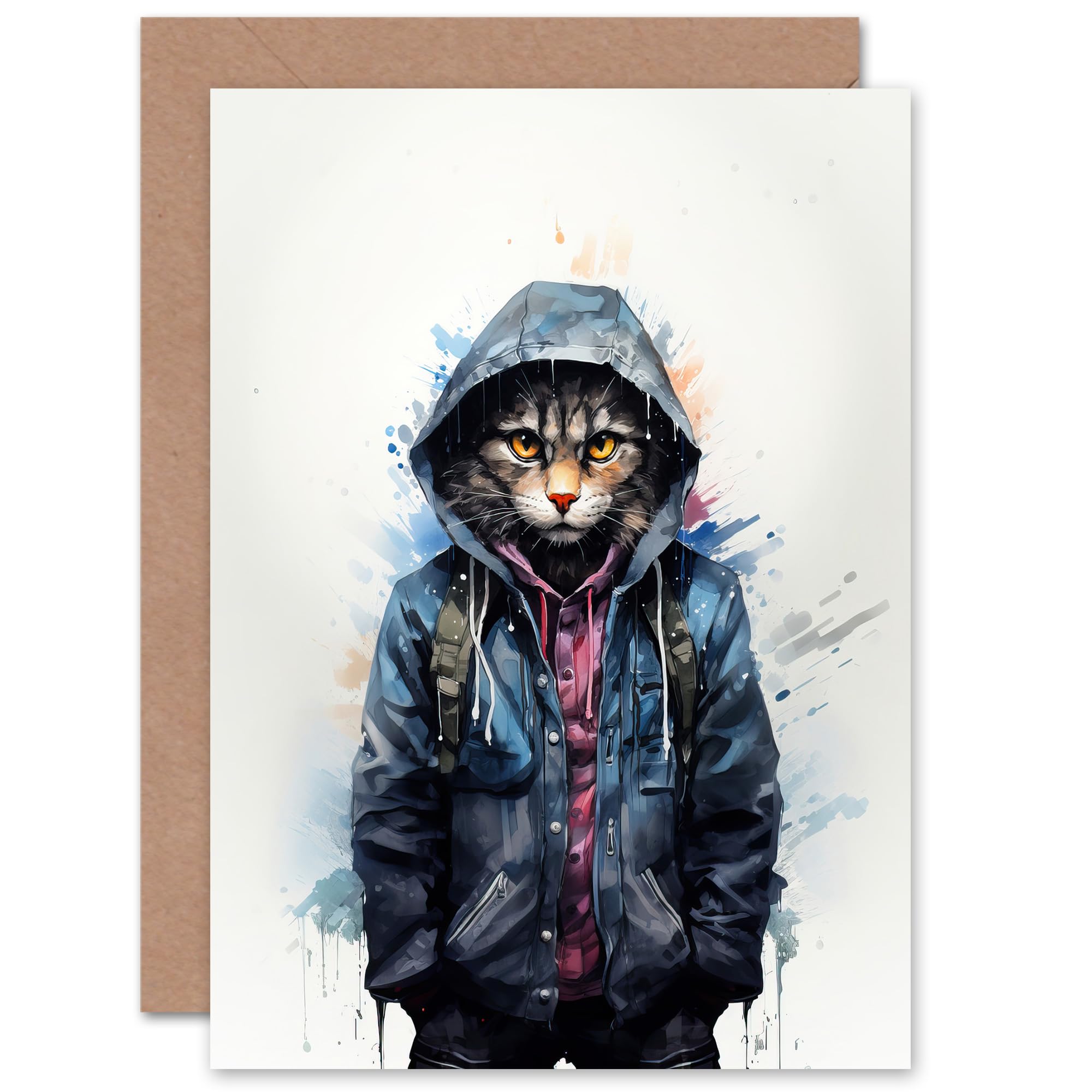 Artery8 Street Cat Lovers Gift Watercolour Pet Portrait Painting Artwork Sealed Greeting Card Plus Envelope Blank inside