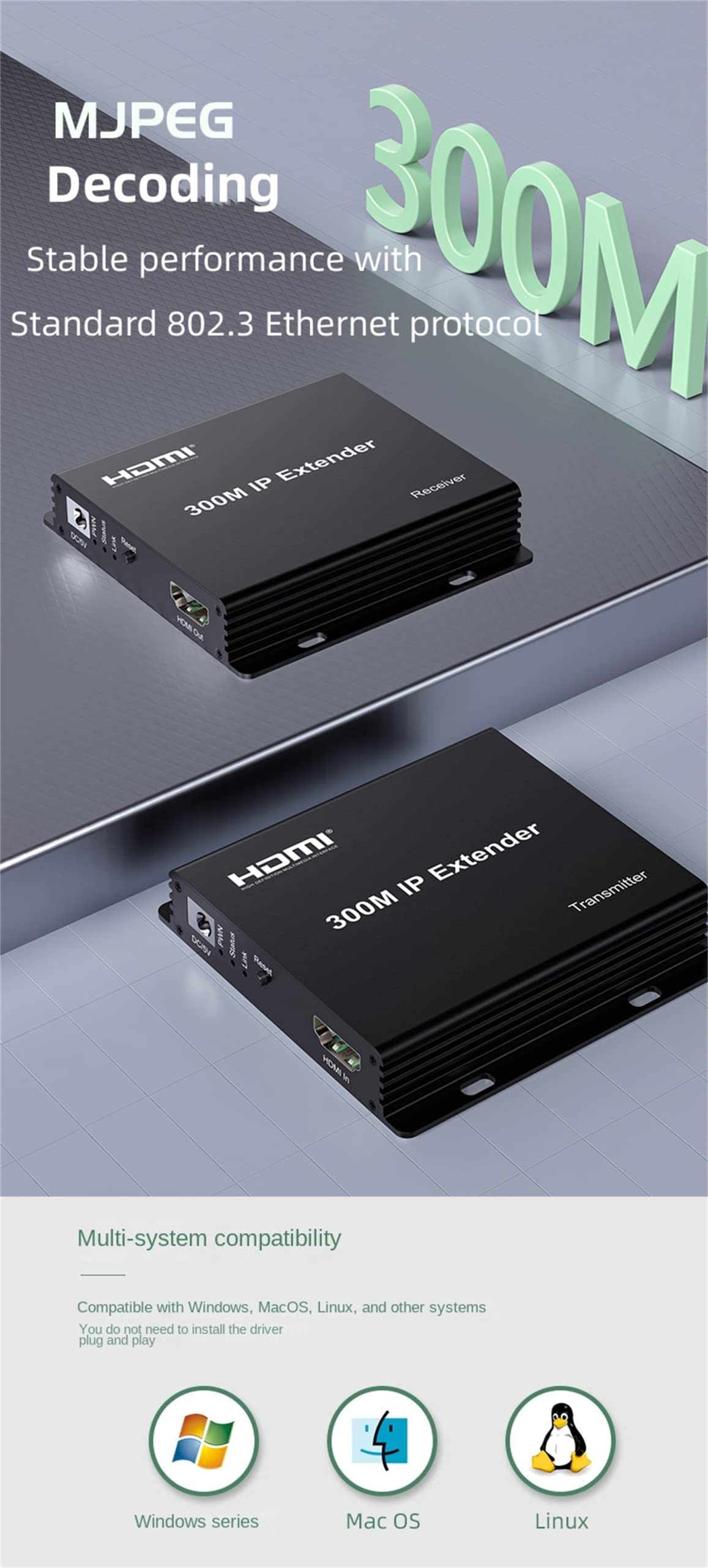 300M IP HDMI KVM extender, HDMI extender su IP RJ45 Cat6 cavo Ethernet 1080p HDMI KVM extender multipoint Connect network switch supporto PC DVR TV mouse tastiera (300M IP Extender)