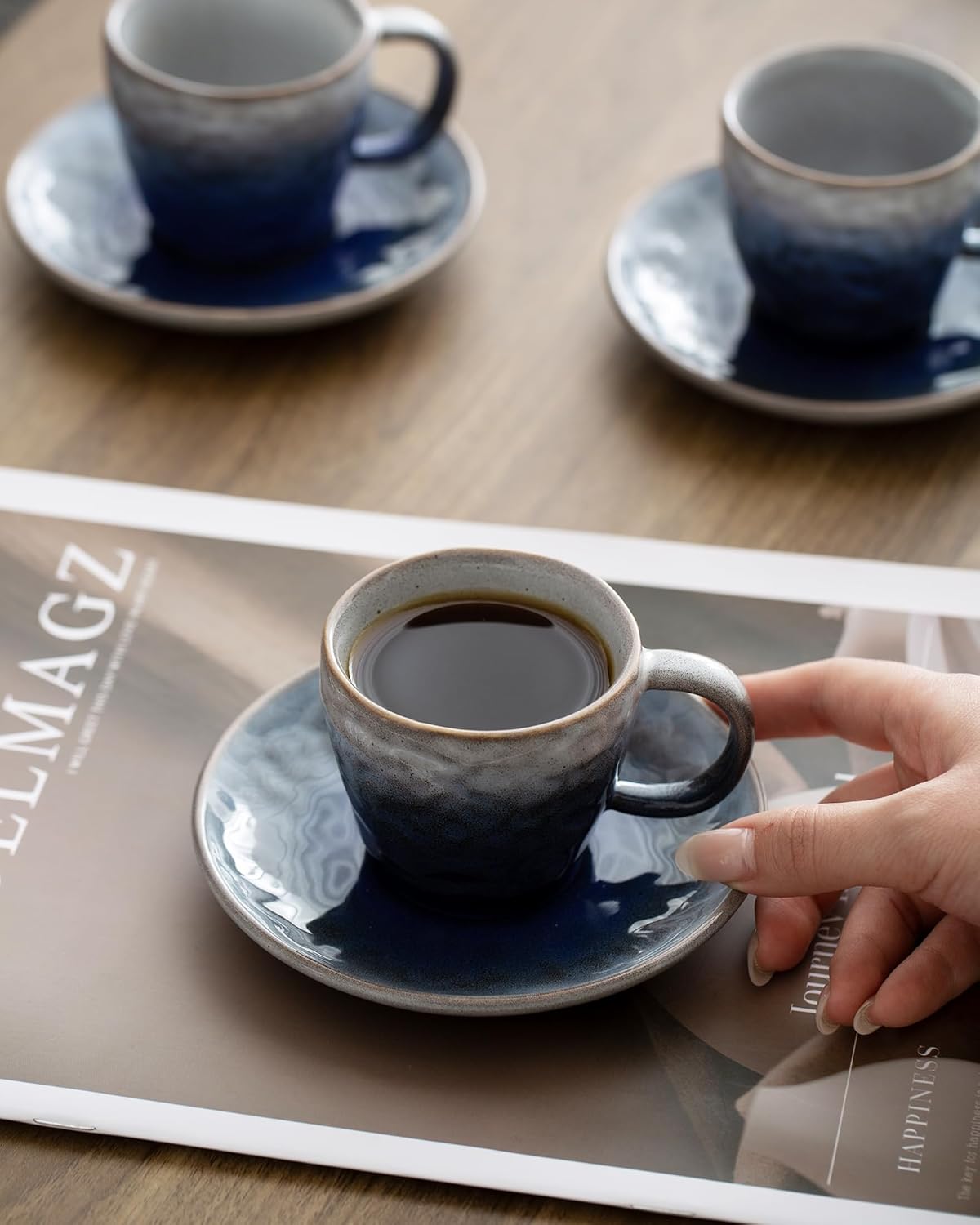 3 oz Espresso Cups Set of 4, Mini Italian Double Espresso Coffee Cup, Vintage Small Ceramic Demitasse Cups with Saucer for Lungo Coffee, Blue - Image 6