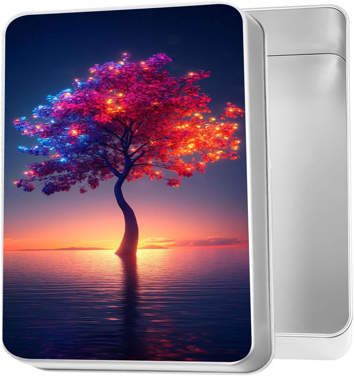 Stainless Steel Rectangular Metal Tin Box with Removable Lid, 4.92x 3.54 x 1.57 Inches Durable Metal Container for Home Office Small Item Storage & DIY Craft, Glowing Tree by Calm Water