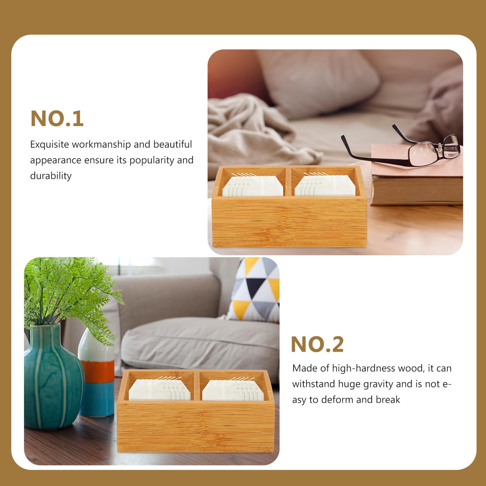 Caja de Almacenamiento Tapa y Compartimentos de Madera, Organizador para Bolsitas de Té y Azúcar, para Uso en Cafeterías y Hogar