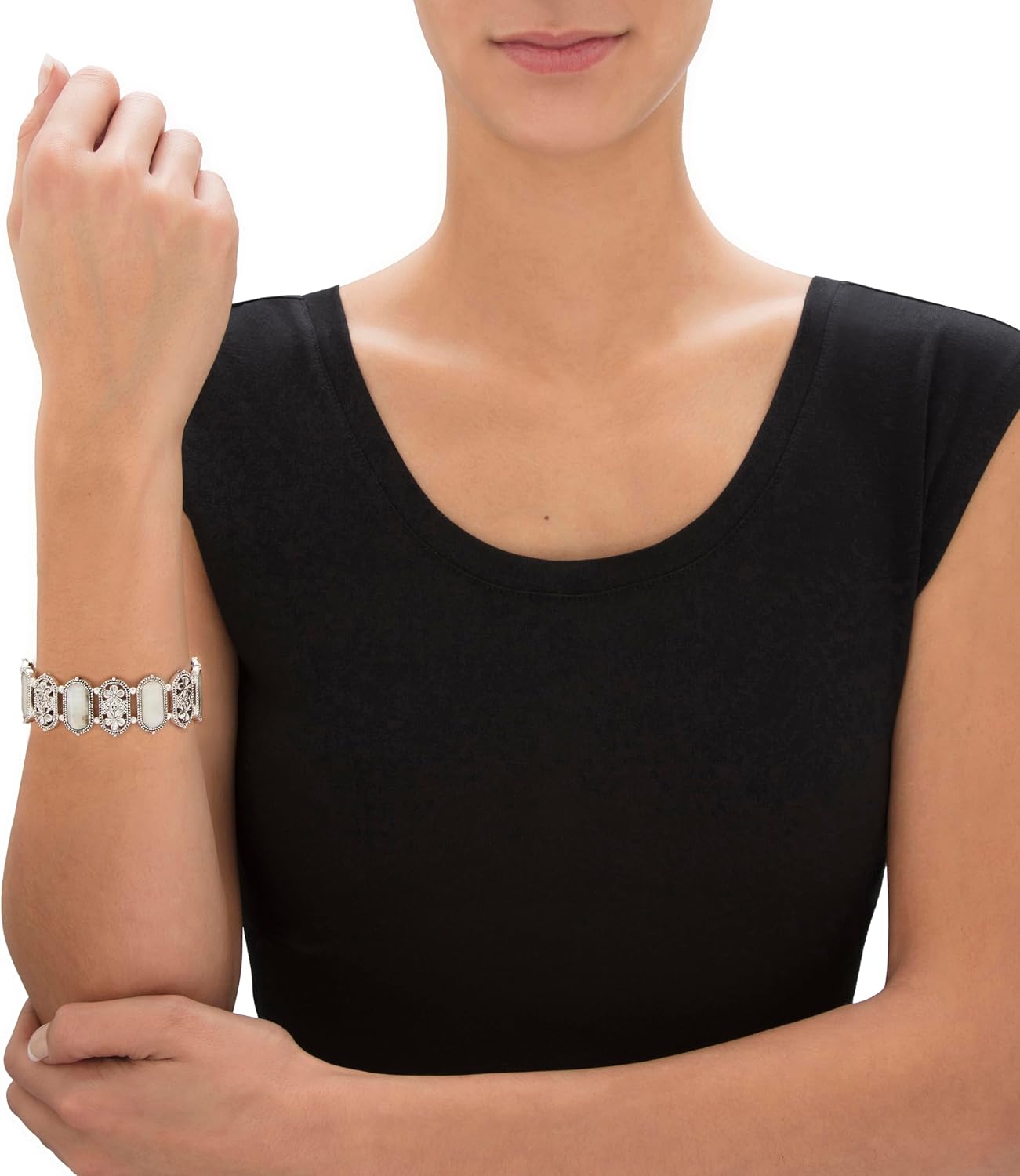 PalmBeach Silver Tone Antiqued Simulated Cream Mother Of Pearl Daisy Stretch Bracelet (12mm) 7"