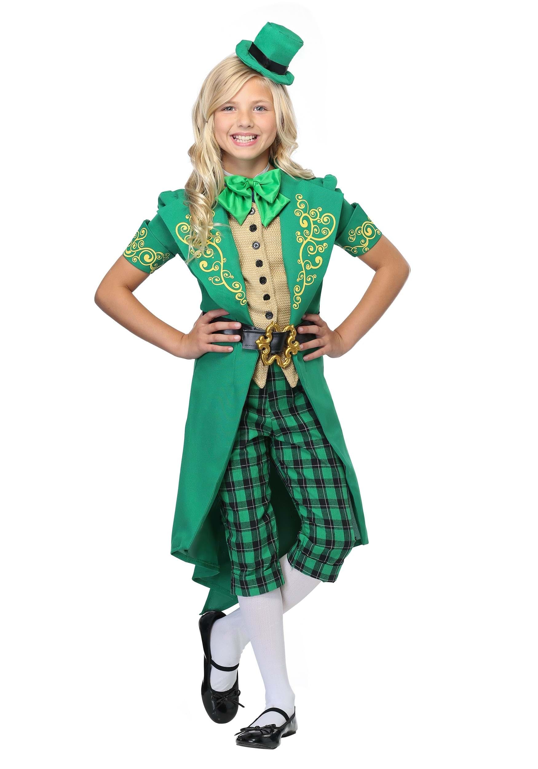 Girls Charming Leprechaun Costume, St. Patrick's Day Outfit For Kids With Tailcoat Jacket, Pants, Belt, Socks, Scarf, And Hat