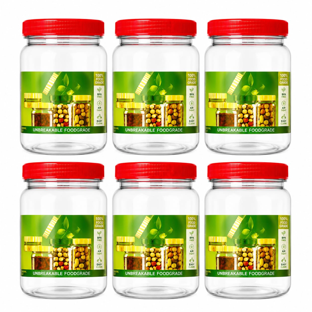 ANGIX 6 x 1000ml Plastic Storage Jars & Canisters with Screw Top Lids, Airtight Food Storage Containers for Kitchen, Food, Spices, Herbs & Sweets, Clear Canister Pots