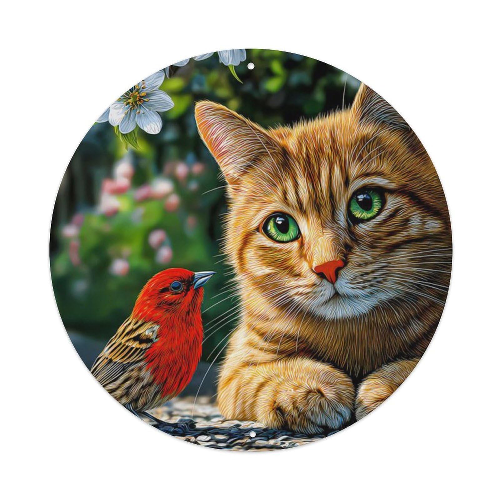 Animal Tabby Cat Scarlet Finch Spring Cherry Blossom Peaceful Nature Vintage Metal Tin Sign Plaque Wall Decor for Cafe, Club Bar, Office, Garden Metal Poster 8x8Inch