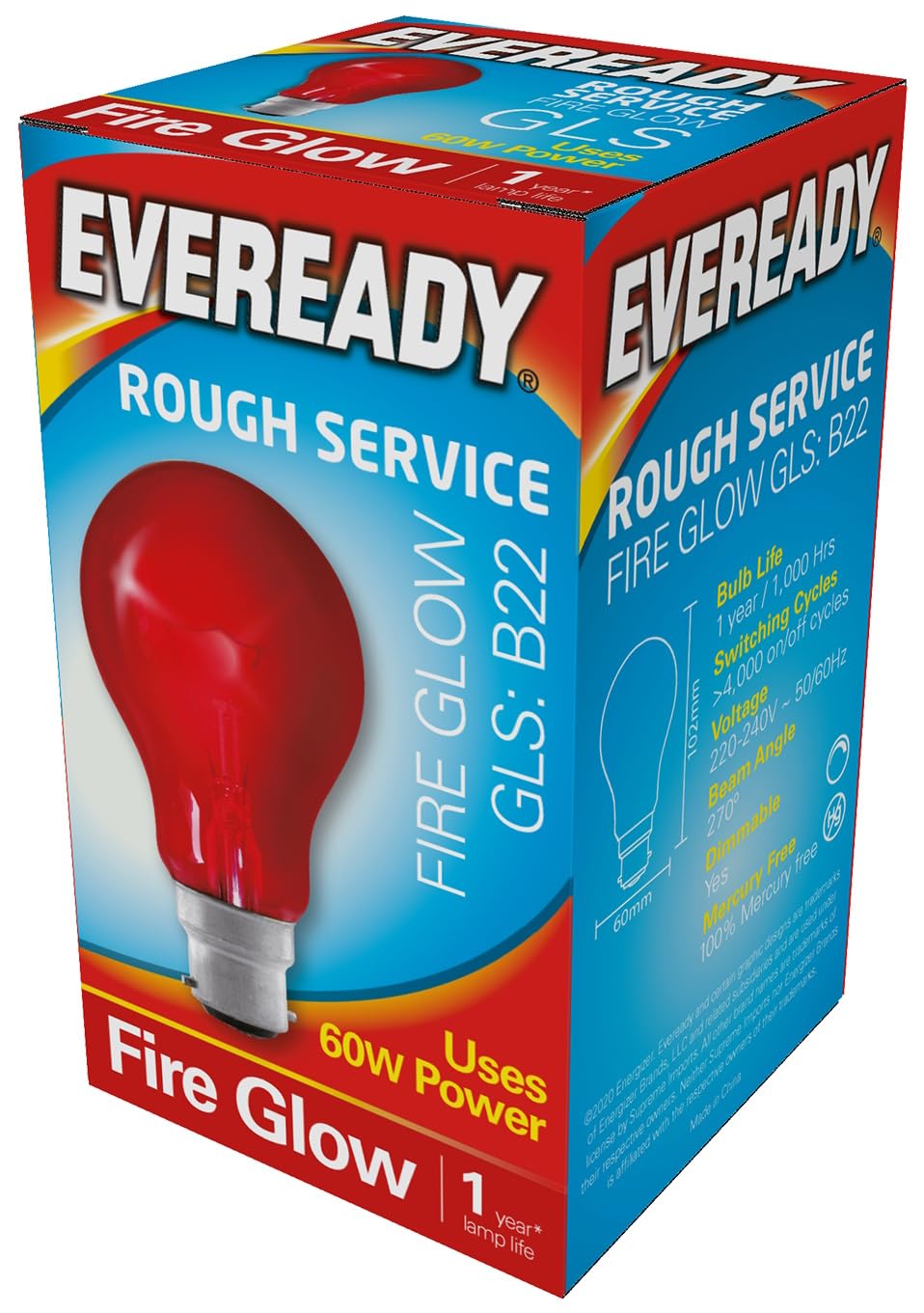 Pack of 2 Eveready Bulbs 60W BC Red Fire Glow Flame GLS Type (G3) S855