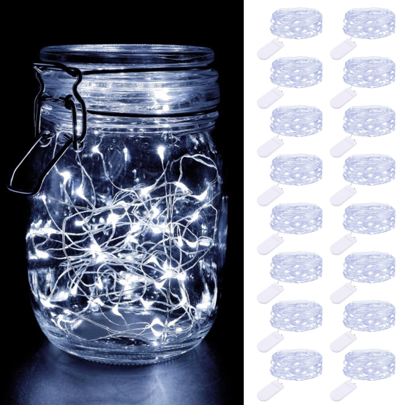 16 Pack Fairy Lights Battery Powered, 7FT 20LED Mini String Lights Twinkle Lights Waterproof, Silver Wire Fairy Lights Battery Operated Mason Jar Lights for Indoor Bedroom DIY Wedding Christmas Decor