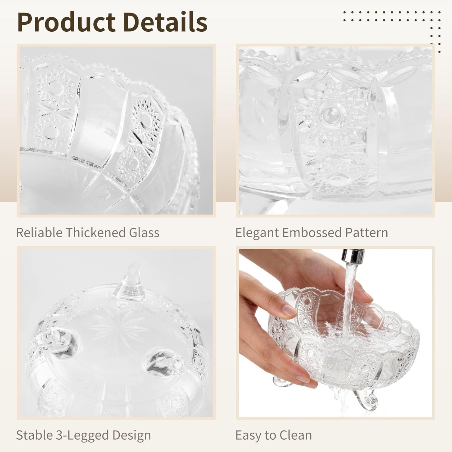 Vintage Glass Punch Bowl with Ladle, Large 3-Leg Pedestal Serving Bowl with Stainless Steel Spoon, Embossed Glass Centerpiece for Punch Sangria Cocktails at Parties Weddings Holidays