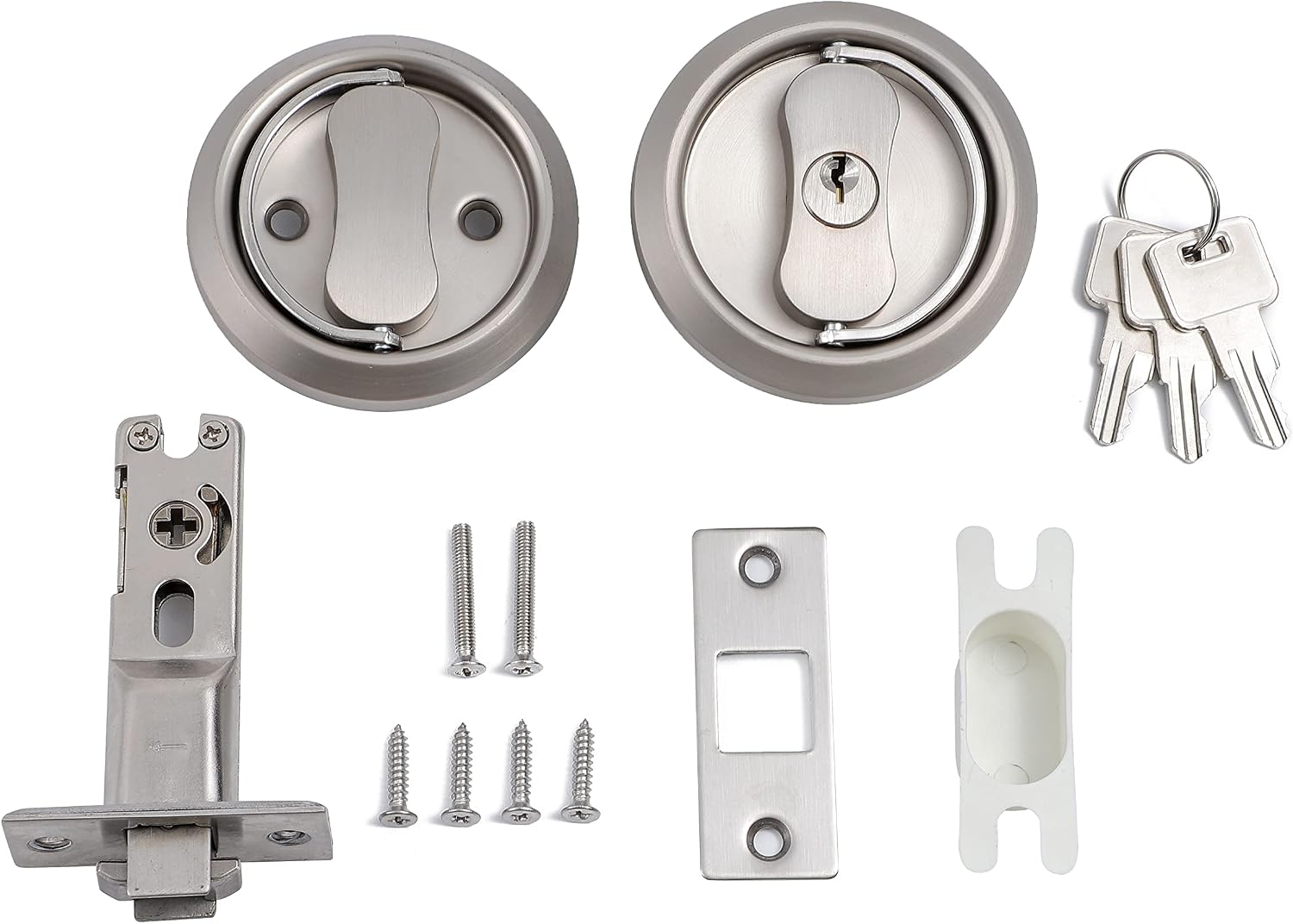 Pocket Door Hardware, Silver Entry Pocket Door Lock with Key, and Ring Pull Function, 2 3/8" Backset, Round Sliding Pocket Door Lock for Bed/Bath, Brushed Satin Nickel