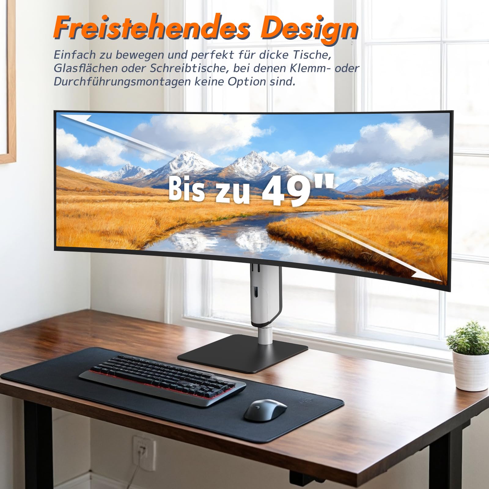 PUTORSEN Freistehender Monitorständer für 17-49 Zoll Bildschirm bis zu 18 kg,Ultra-breiter Monitor Halterung 1 Monitor,Stufenlose Höhenverstellung Schwenkbar Neigbar,VESA 75/100mm