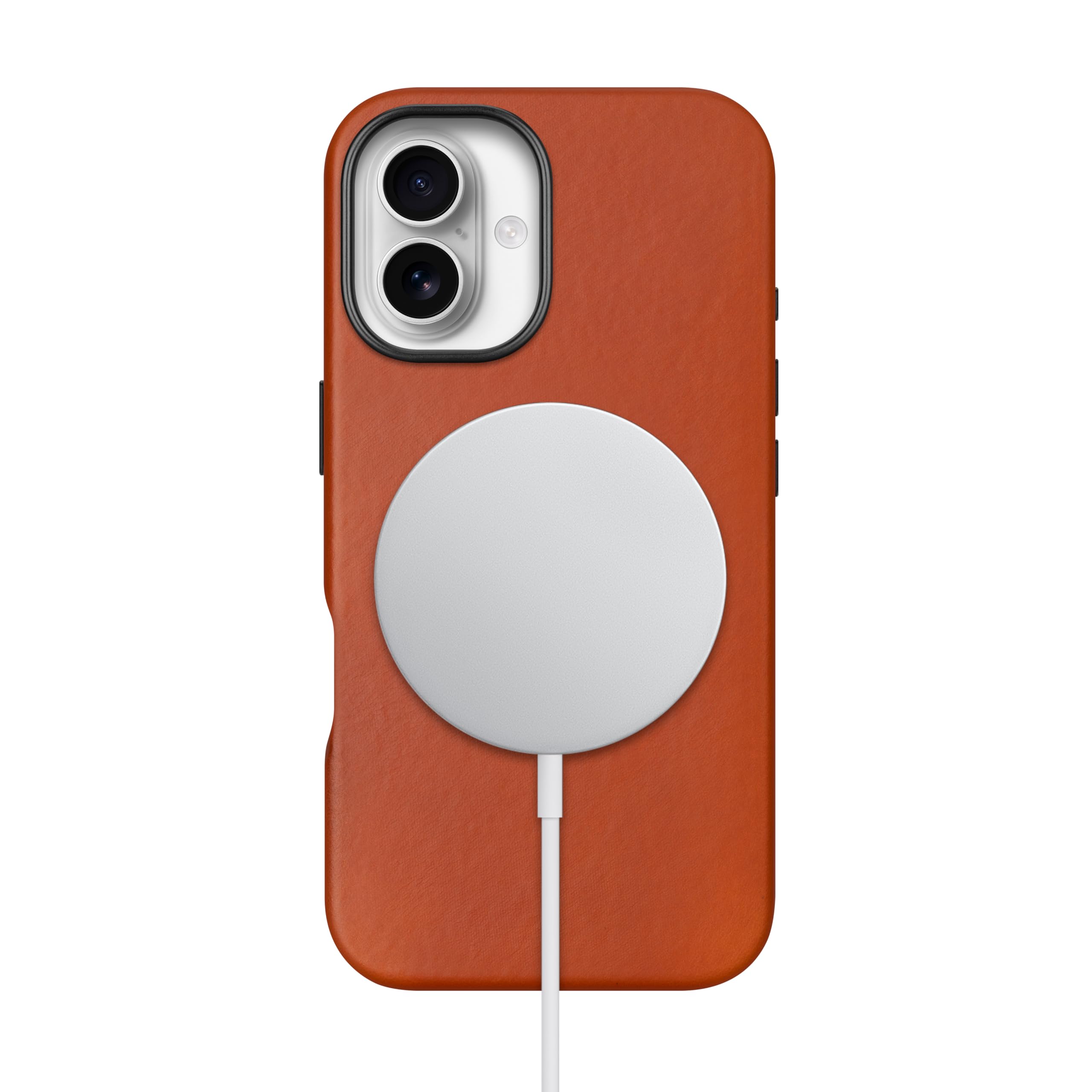 maogoam Funda de piel para iPhone 16 Plus de 6.7 pulgadas, compatible con MagSafe, cuero auténtico de grano superior curtido vegetal, botones de metal y marco de cámara, estilo elegante, naranja
