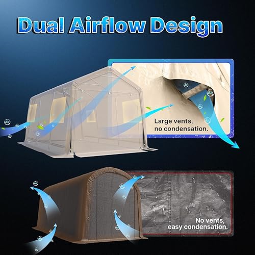 Miniatura 6 de ADVANCE OUTDOOR Refugio de garaje de 10 x 15 pies, techo de metal de acero, cobertizo de almacenamiento portátil para motocicleta, barco o Beige