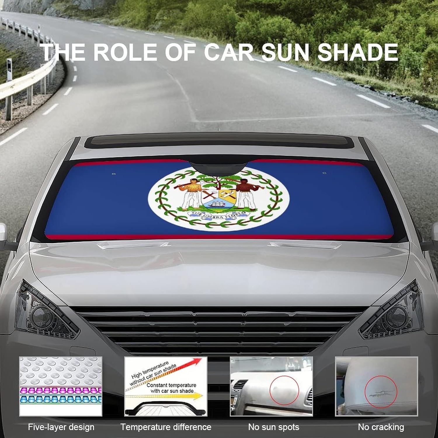 Front Windshield Sun Shade Belize Flag Car Sun Shade Auto Sunshade for Car Truck SUV Blocks UV Rays Keep Your Vehicle Cool 55"x30"