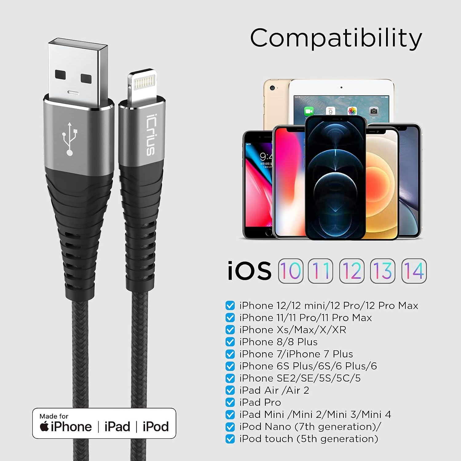 iCrius 3Pack 10FT iPhone Charger Cable, Apple MFi Certified Lightning Cable High Speed USB Charging Cord Compatible with iPhone 13/12/Max/11Pro/11/XS/Max/XR/X/8/8P/7 and More (10FT, Black)