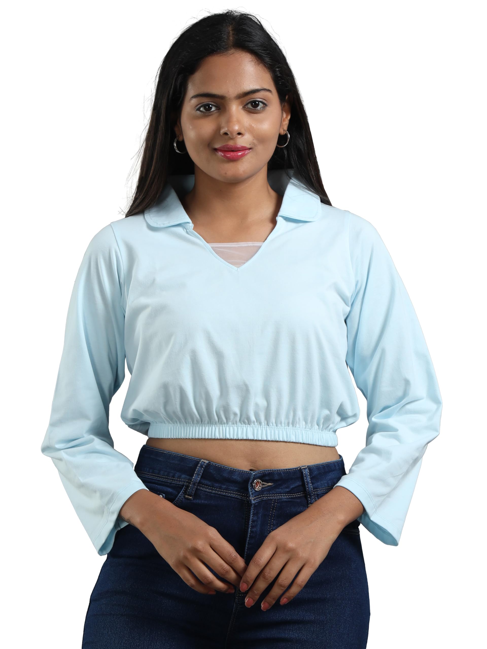 ecoline clothing Women's Cotton Cropped Full Sleeve Top Polo Neck Tshirt-picture-40