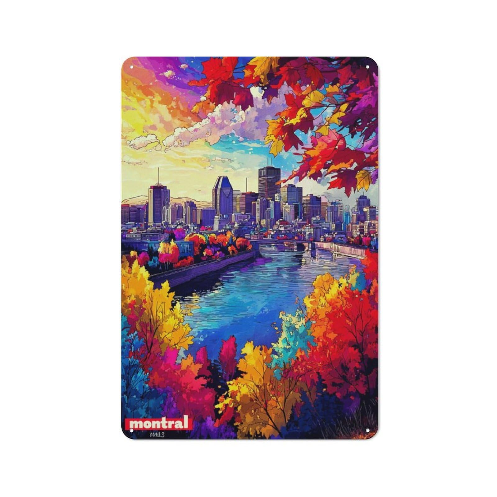Junmoney Autumn Colors In Montreal Skyline -5 Modern Vintage Metal Desk Wall Sign 30X20cm, Office Wall Decor For Office, Study, Studio Or Hallway