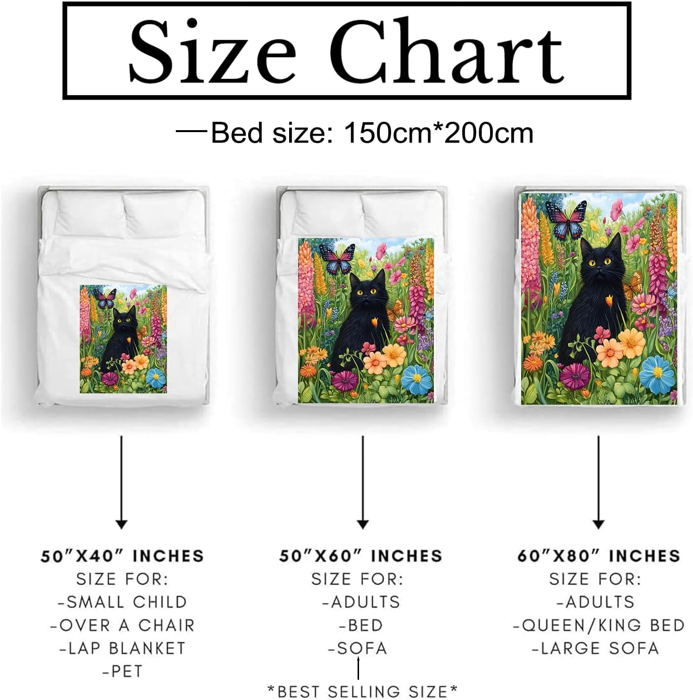 Charming Black Cat Blanket Soft Cozy Flannel Throw Blanket, Warm Lightweight Cute Kittens in Flowers Blankets for Travel, Couch, Bed, for Adults Women Girls, Fuzzy Outdoor Comfort Wrap 60"×50" - Image 3