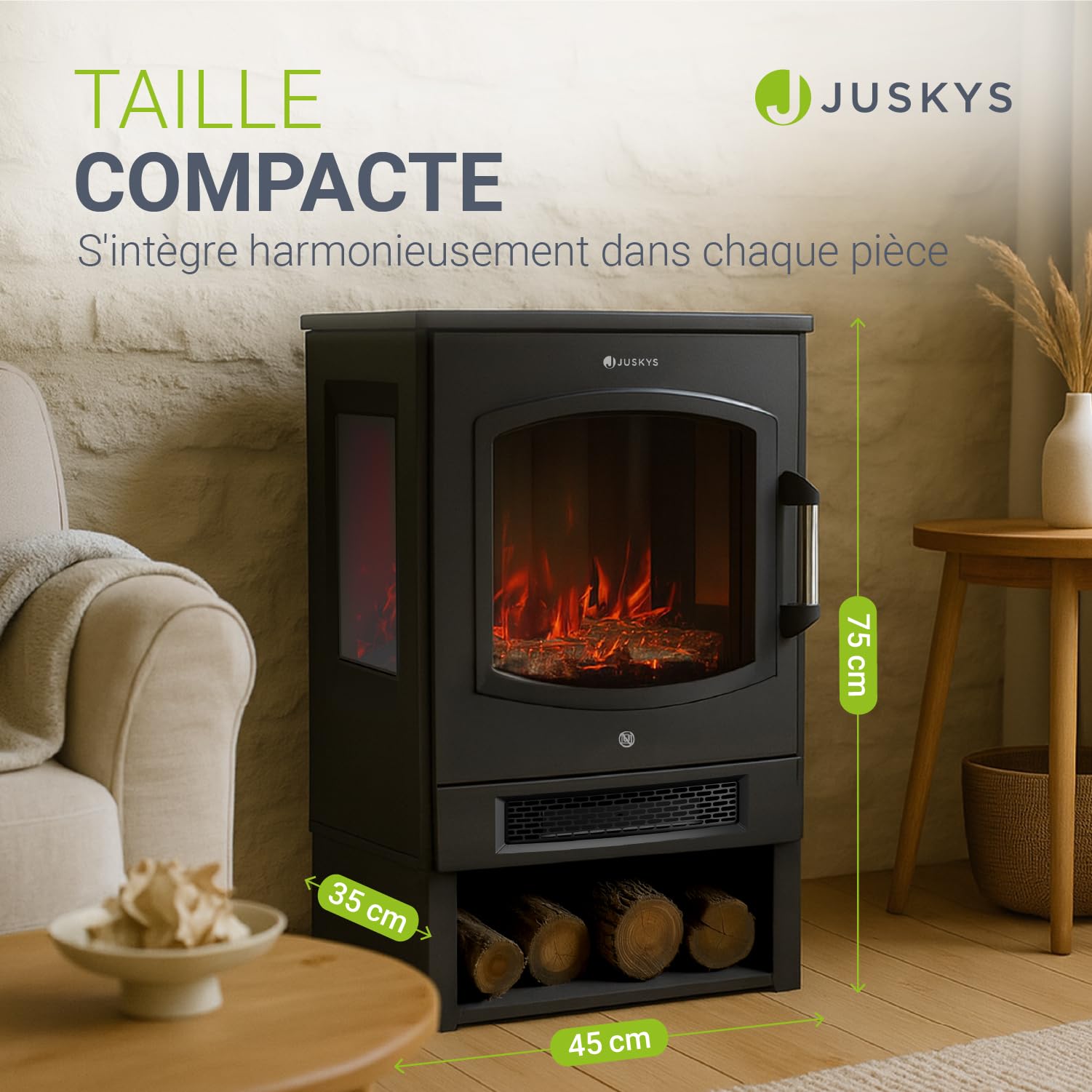 Juskys cheminée électrique 1800W – Noir, poêle électrique sur Pied avec Effet Flamme LED, WiFi/App, télécommande