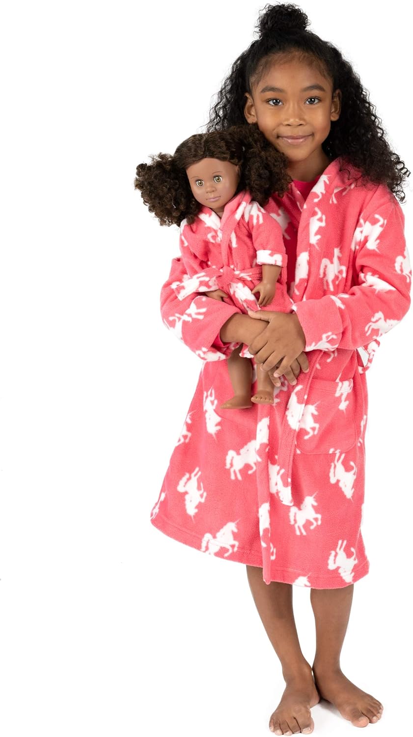 Leveret Kids Robe Matching Doll & Girls Fleece Sleep Robe Bathrobe Unicorn (2 Toddler-14 Years) *Fits American Girl Doll