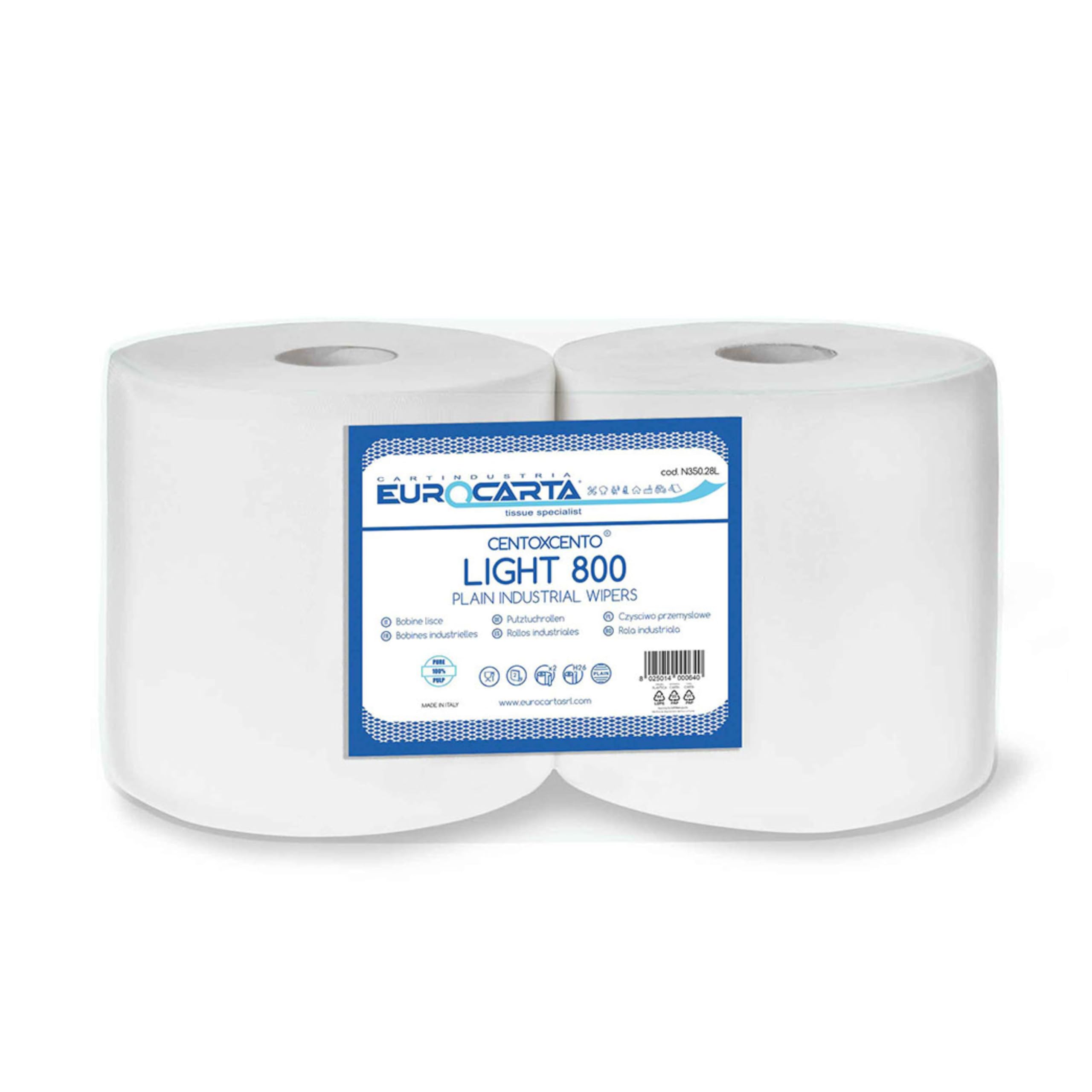 Light 800, Rotoloni Carta Industriale, 2 Veli, 800 strappi a Rotolo, Altezza 25 cm, Diametro 25,5 cm, Adatto per Dispenser, Ideale per Uso Industriale e Domestico (2 Rotoli)