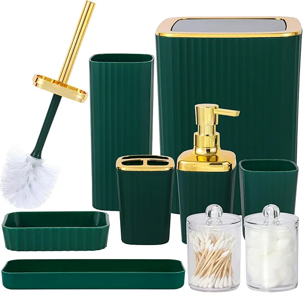 Bathroom Accessory Set,9 Pieces Dark Green Bathroom Accessories Set with Trash Can, Toothbrush Holder, Soap Dispenser, Toothbrush Cup, Vanity Tray, Soap Dish, Toilet Brush, Qtip Holder