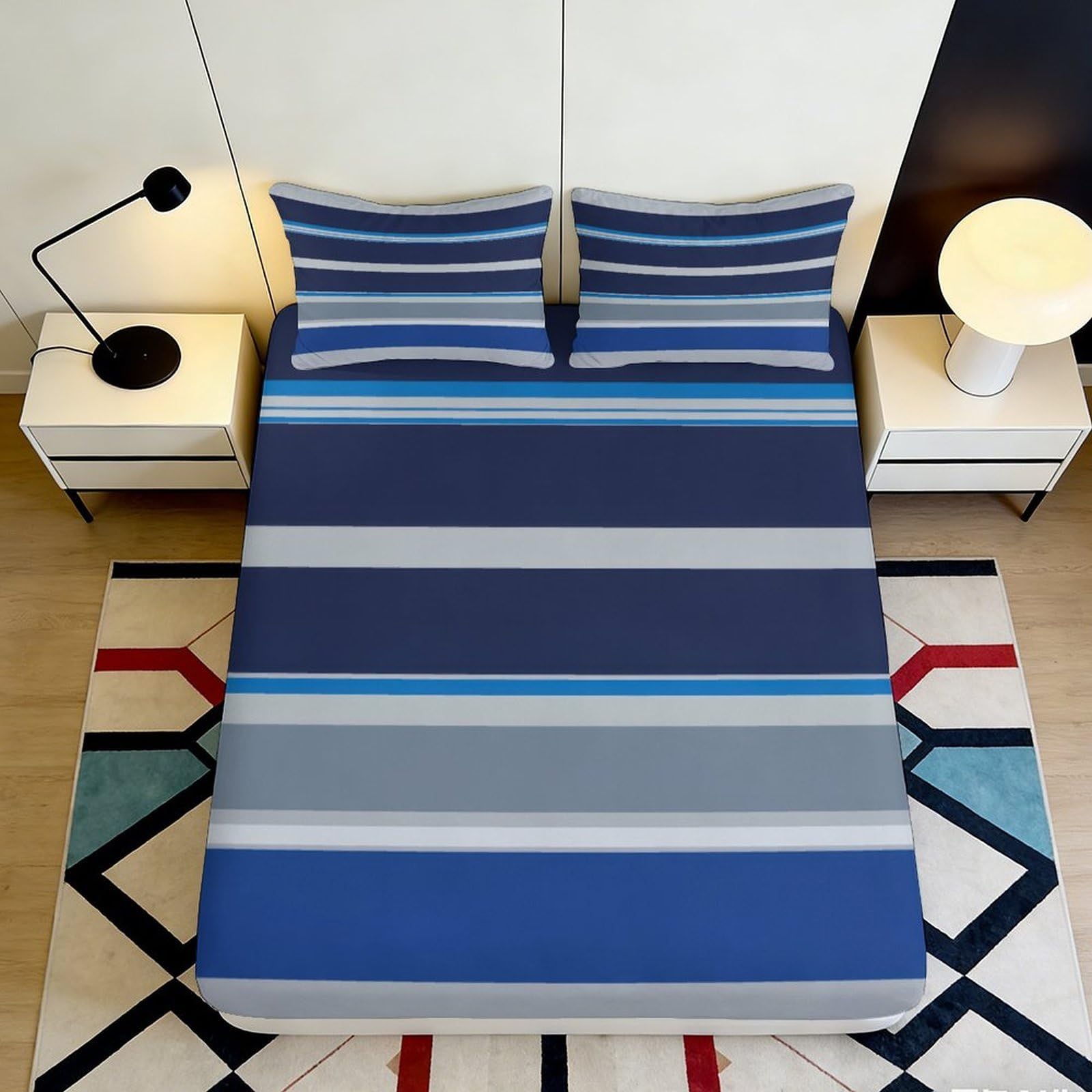 K1r3d9e5 Style-5 3D Printed Blue Striped Fitted Sheet Microfiber Soft Breathable Geometric Mattress Cover For Bedroom Guest Room Decor 90X200x25cm