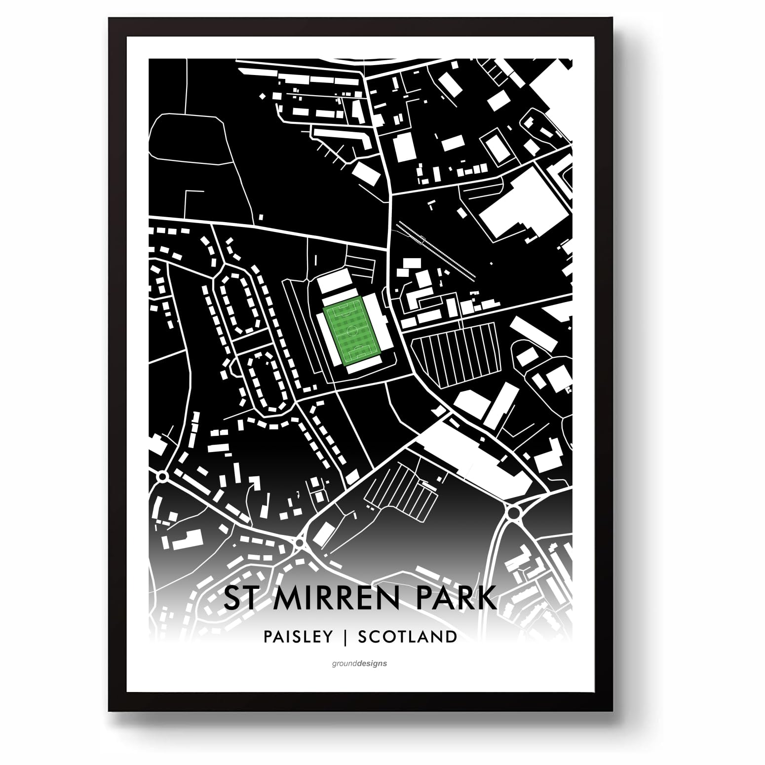 Grounddesigns Men's Black And White St Mirren Fc Football Gift St Mirren Park Stadium Map Unframed Art A3 Print Smfc