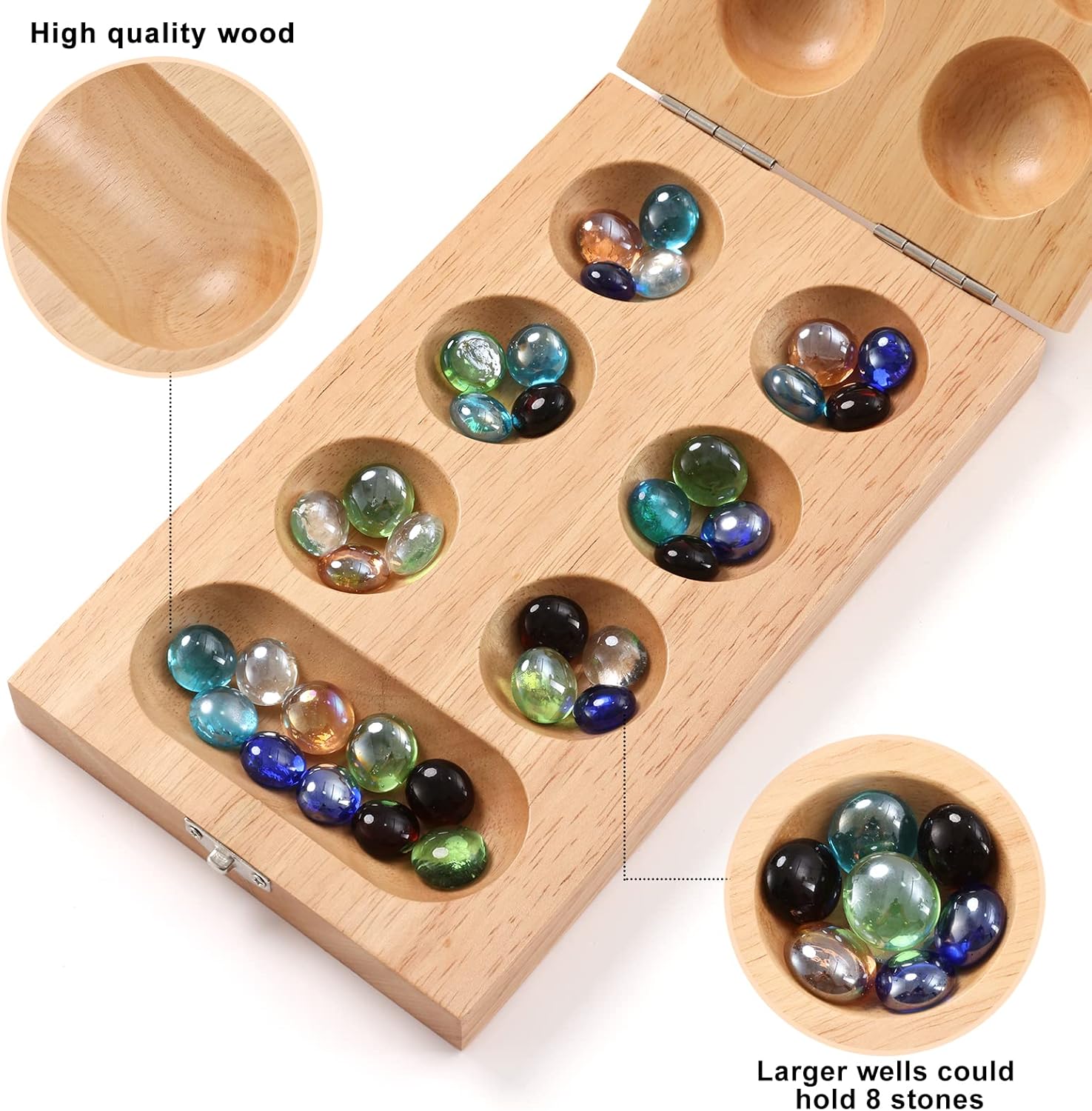 Mancala Board Game for Kids, Adults & Family. Includes Folding Rubber Wood Board, 48+10 Mancala Stones & Instruction. Classic & Portable Marble Game for Travel.(Natural Color)