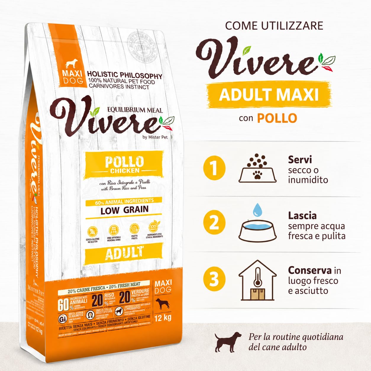 Vivere Adult Maxi Crocchette Cane Adulto con Pollo, Mangime Secco Low Grain Gluten Free per Cani Taglia Grande, Alimento Completo con Omega 3, Prebiotici, Frutta ed Erbe, 12 kg