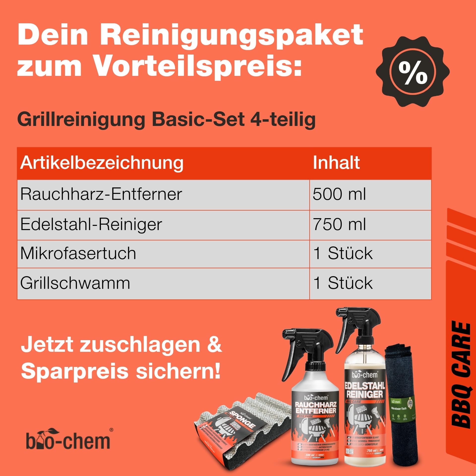 Bio-Chem Grillreiniger Set 4-teilig für Gasgrill & Edelstahl mit Rauchharzentferner