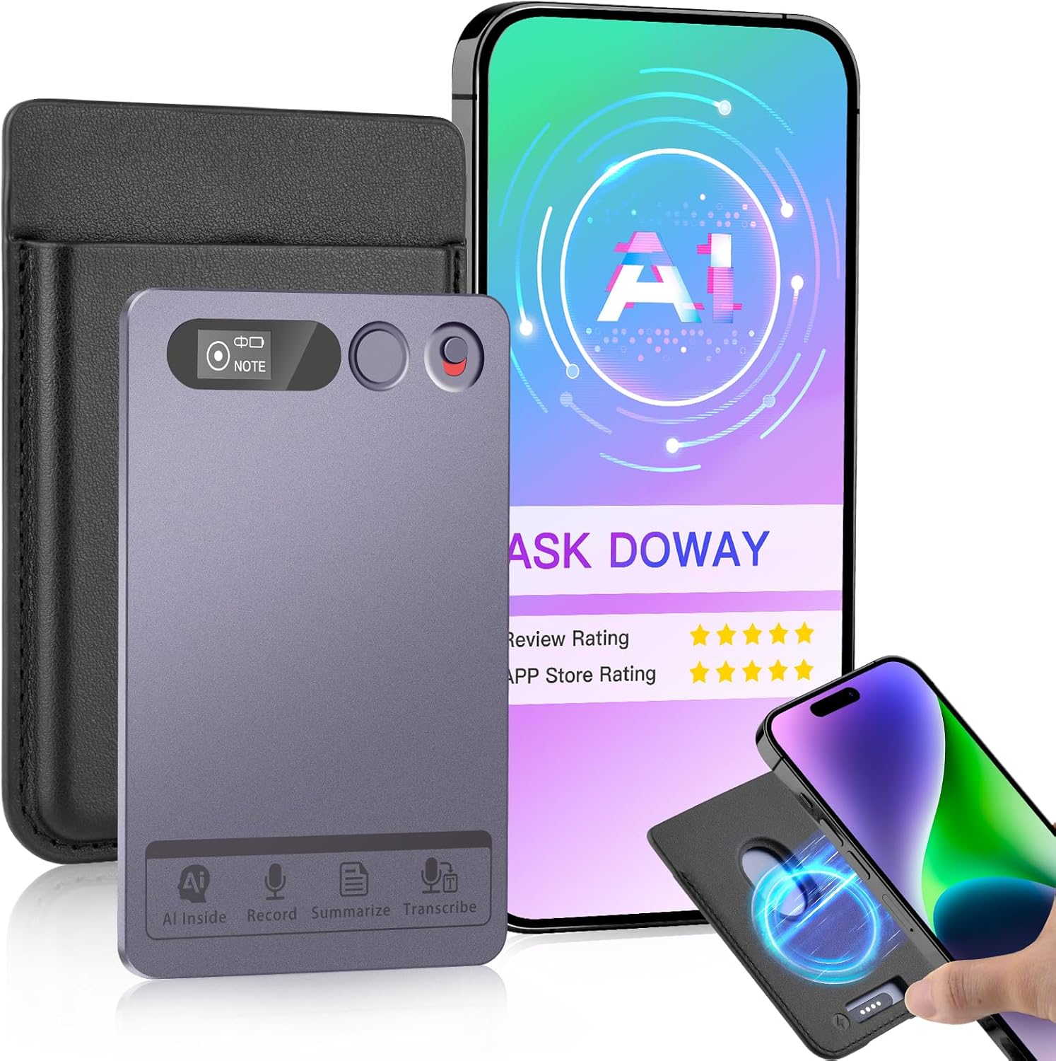 AI Voice Recorder, Note Voice Recorder with AI Transcribe & Summarize, APP Control, Support 118 Languages, 64GB Memory, Magnetic Case, Portable Audio Recorder for Call Lectures, International Meeting