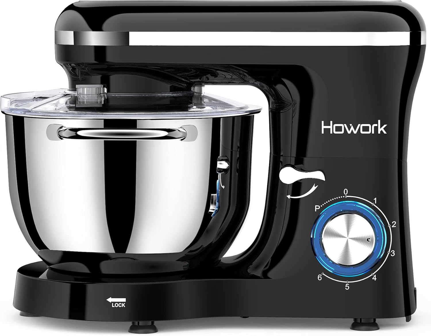 HOWORK Stand Mixer showing product dimensions and key features.