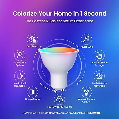Miniatura 2 de Broadlink Bombillas inteligentes GU10, bombillas LED de pista de 4.5 W que cambian de color con sincronización de música, configuración rápida,