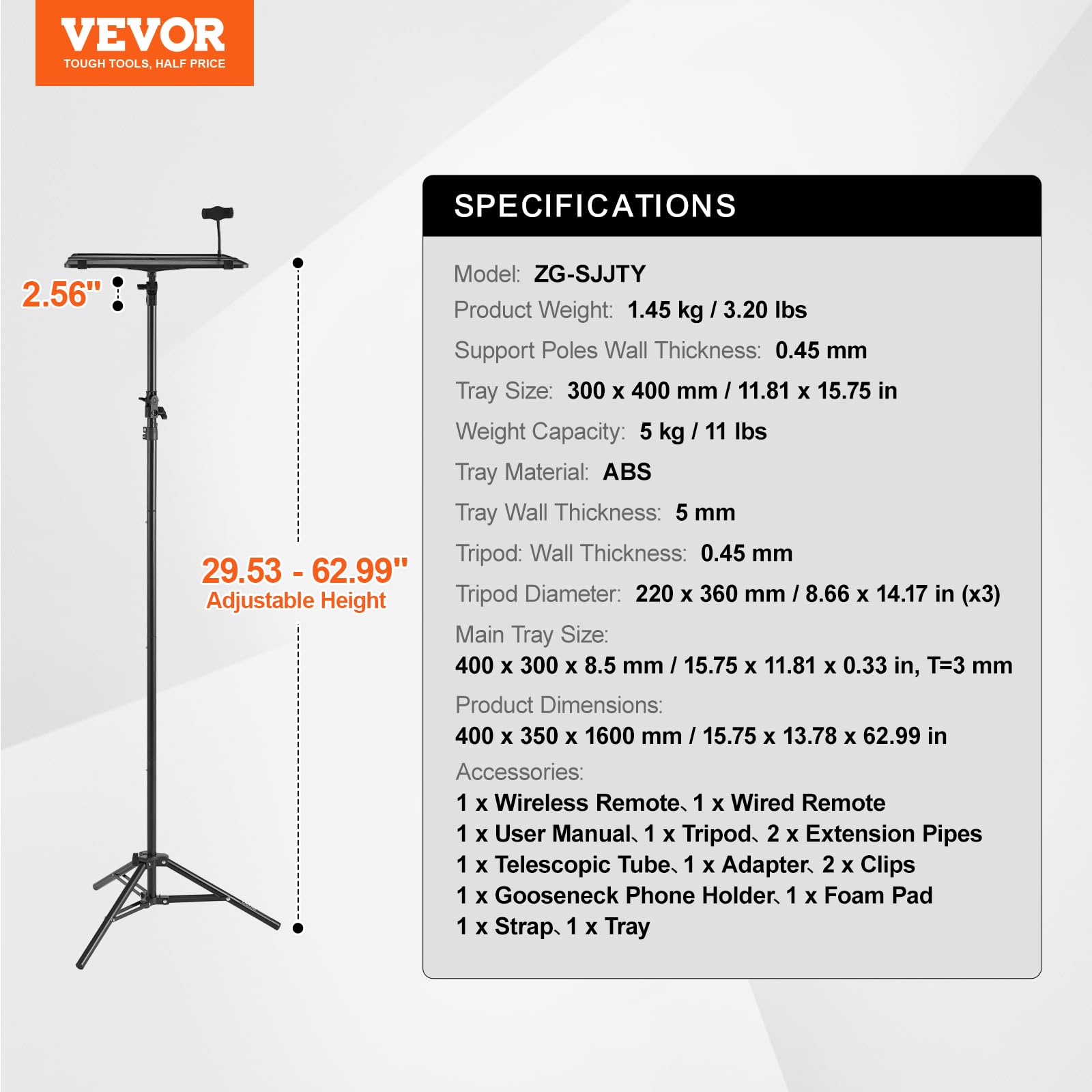 VEVOR Support Trépied Vidéoprojecteur Hauteur Réglable 68,5-160 cm avec Plateau et Support Téléphone