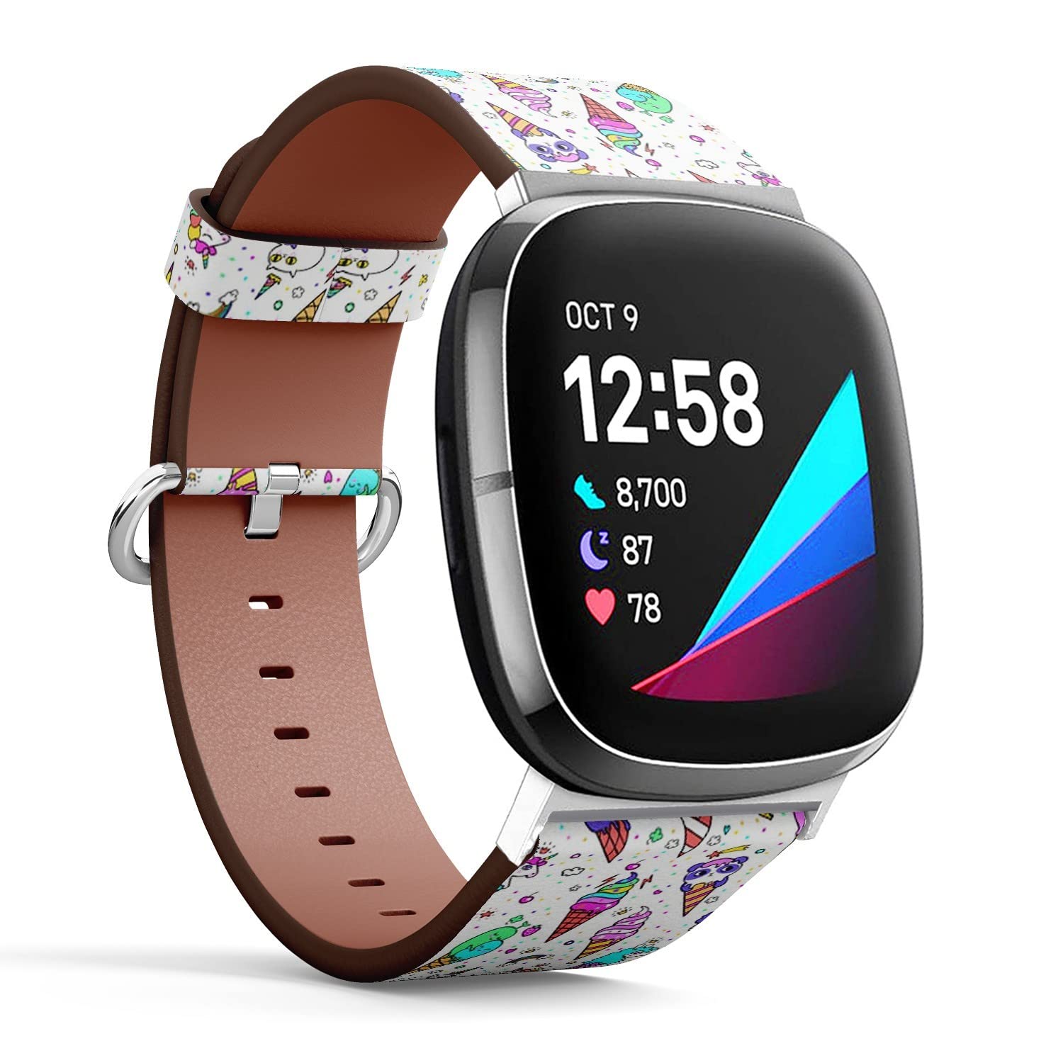 CJBROES Replacement Leather Watch Band, Compatible with Fitbit Versa 3 and Fitbit Sense of Wristband Bracelet Accessory - Cute-ice-Cream
