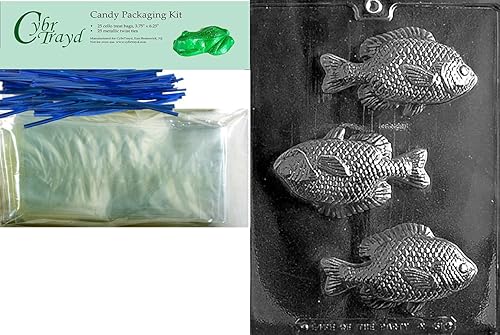 Cybrtrayd Molde de pescado grande para caramelo de chocolate náutico con paquete de embalaje, incluye 25 bolsas de violonchelo, 25 lazos azules