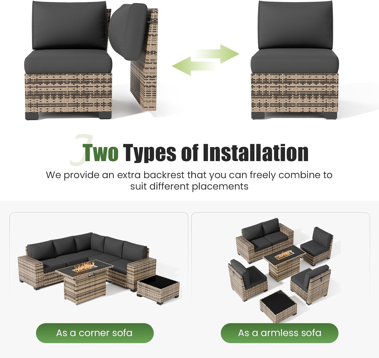 Diagram showing two types of installation for the sofa: as a corner sofa and as individual armless sofas, demonstrating modularity.