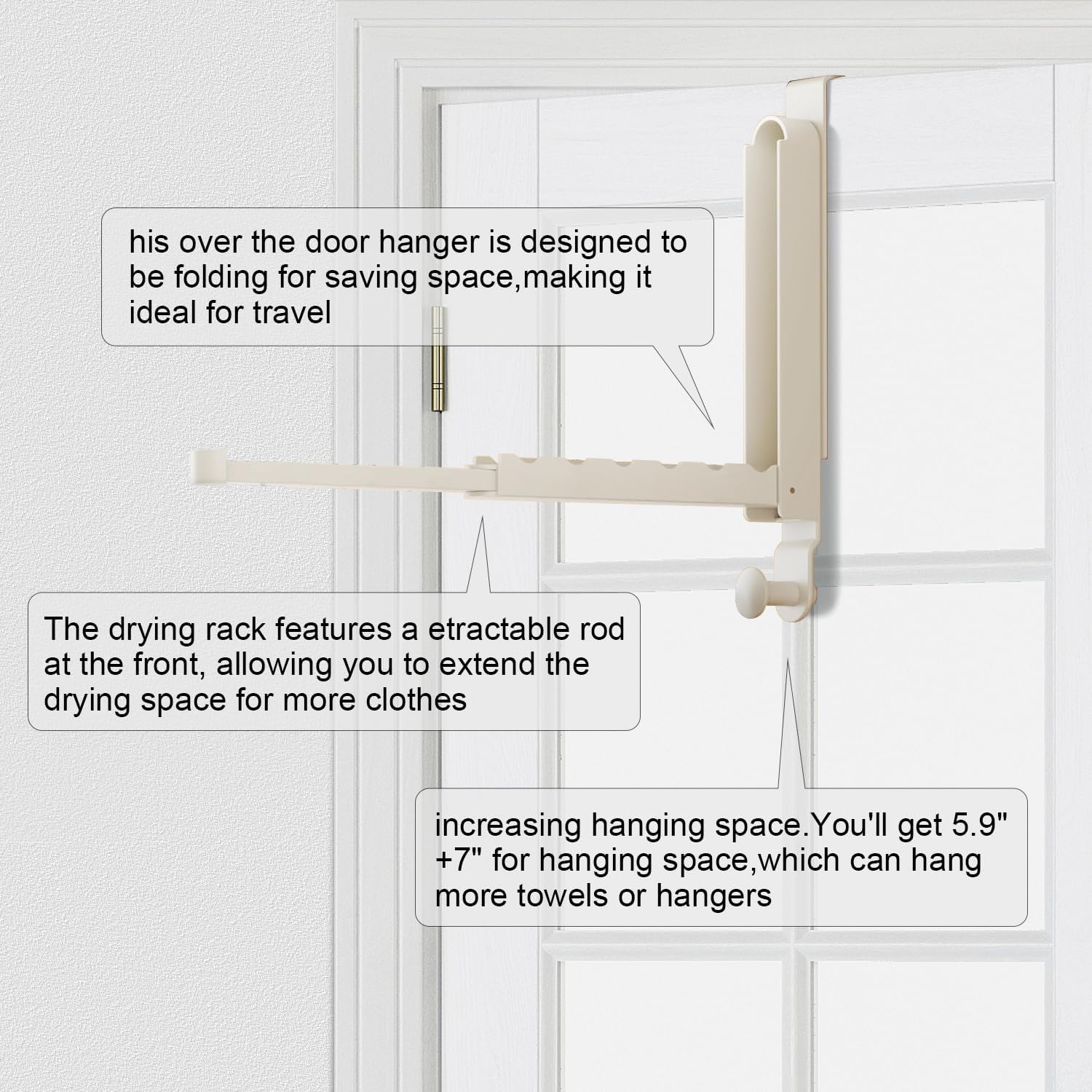 2 Pack Extended Folding Over The Door Clothes Drying Rack for Laundry,Super Heavy Duty Aluminum Alloy Over The Door Hanger with Retractable Rod Organizer Coat Towels Hanging Rack(Ivory)